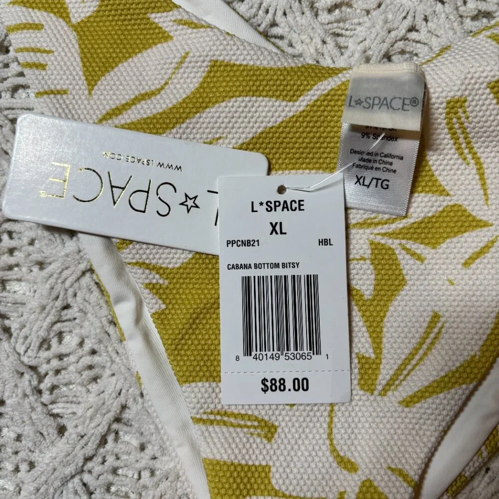 NWT L*Space Cabana Bottom‎ Bitsy Yellow White Floral Textured Bikini Bottom – XL